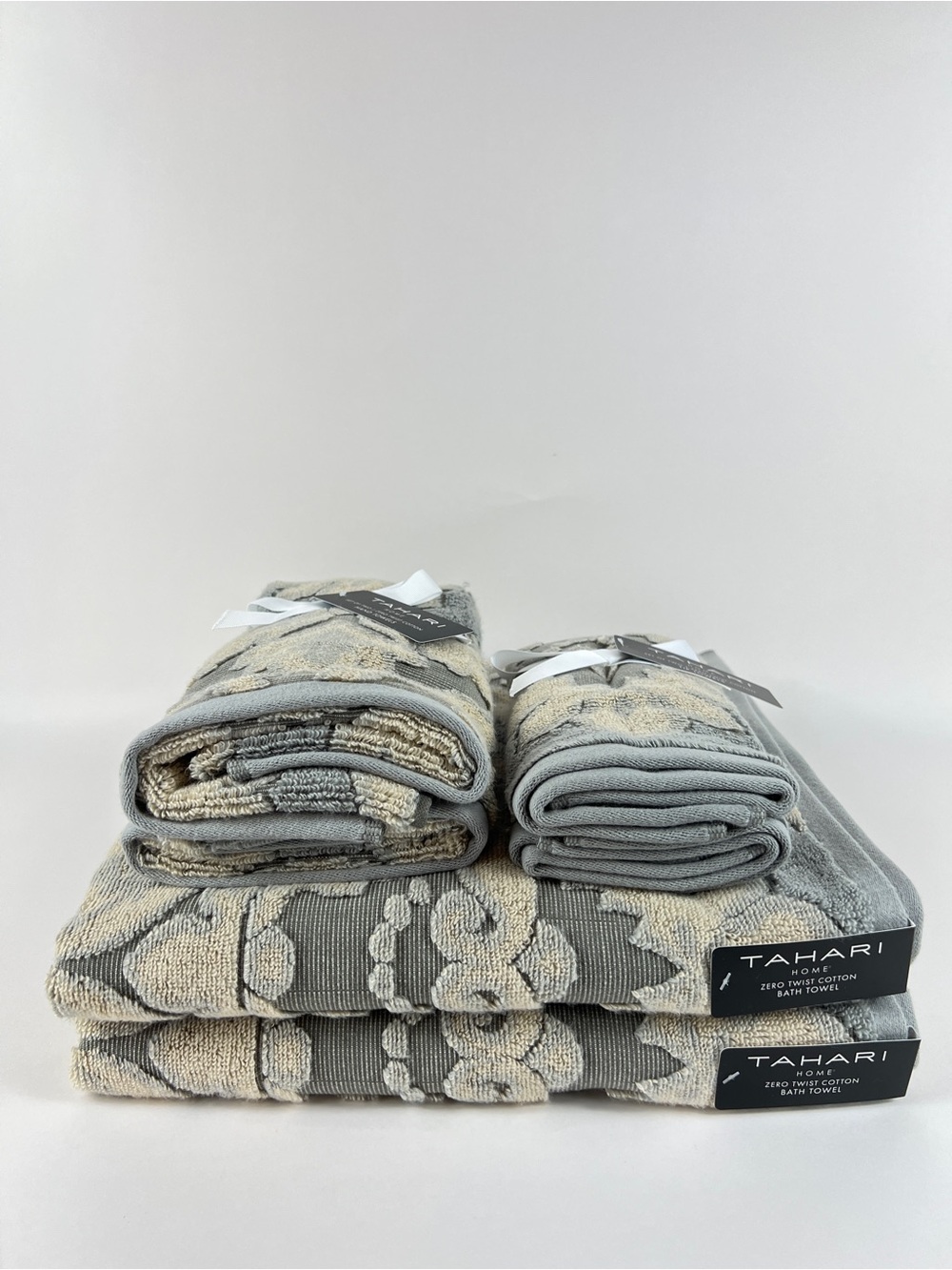 Tahari Bath Towel Set Cream & Gray Jacquard Design Soft 100% Cotton 6 Pc NEW